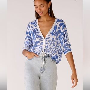 Oui Floral & Animal Print Cardigan, Sweater Navy Blue & Ivory, Spring